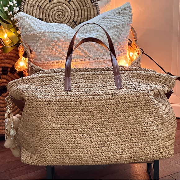 NWT | J Crew Palma Overnight Tote in Hand-Knotted Straw & Leather - Picture 7 of 15